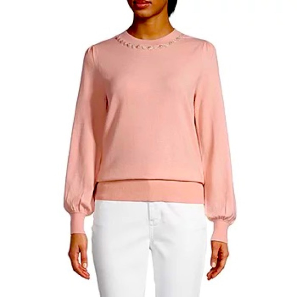 Liz Claiborne Womens Crew Neck Embellished Long Sleeve Pullover Sweater PXS
